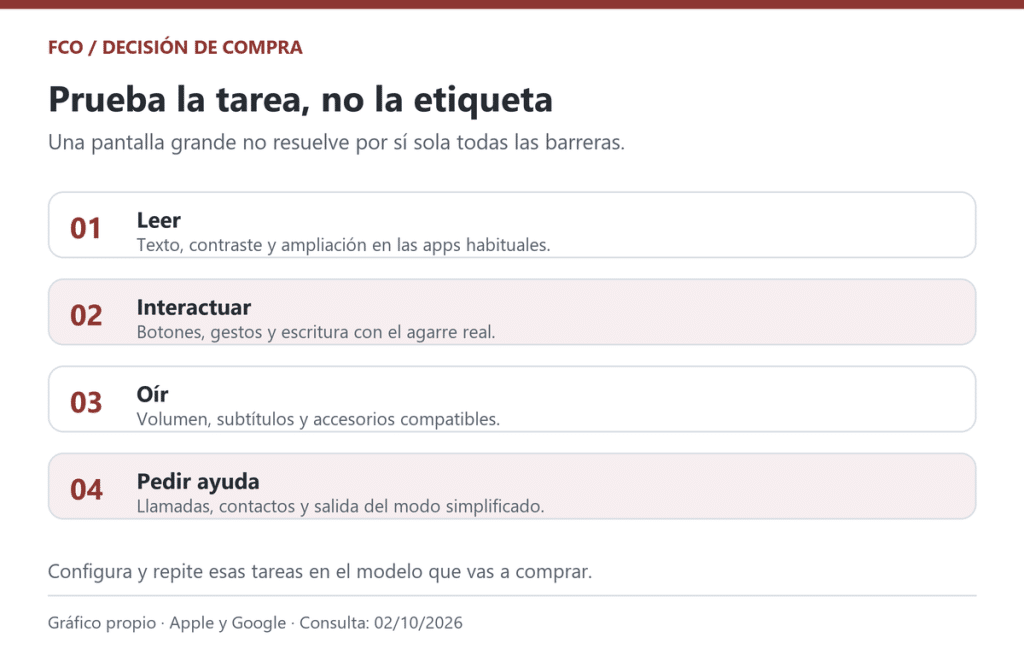 Gráfico original con cuatro tareas de prueba: leer, interactuar, oír y pedir ayuda. Basado en documentación oficial de Apple y Google consultada el 2 de octubre de 2026.