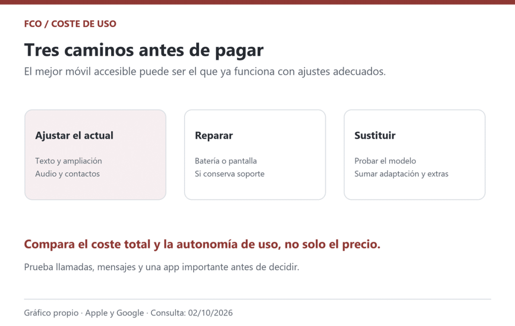 Gráfico original de tres caminos para mejorar el uso: ajustar el teléfono actual, repararlo o sustituirlo. Es una comparación editorial sin precios inventados.