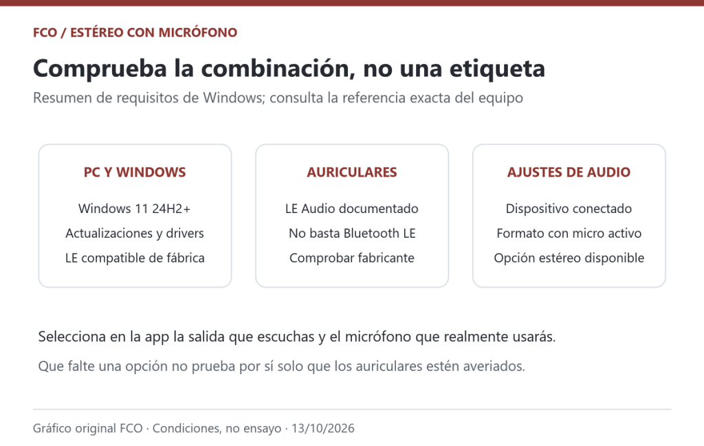 Gráfico original de las comprobaciones para estéreo con micrófono en Windows: PC, auriculares y ajustes. La función depende de la combinación.