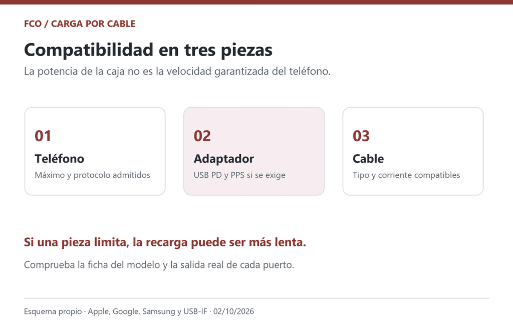 Gráfico original de las tres piezas que condicionan la compatibilidad de carga: móvil, adaptador y cable. Basado en documentación oficial consultada el 2 de octubre de 2026.