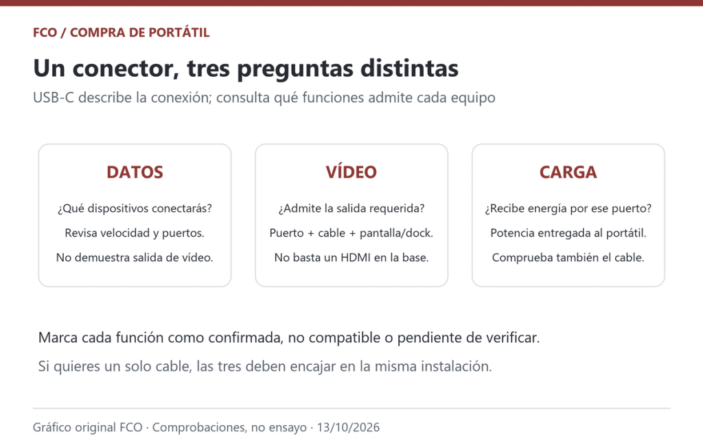Gráfico original de tres comprobaciones independientes: datos, vídeo y carga. No representa mediciones ni un portátil concreto.