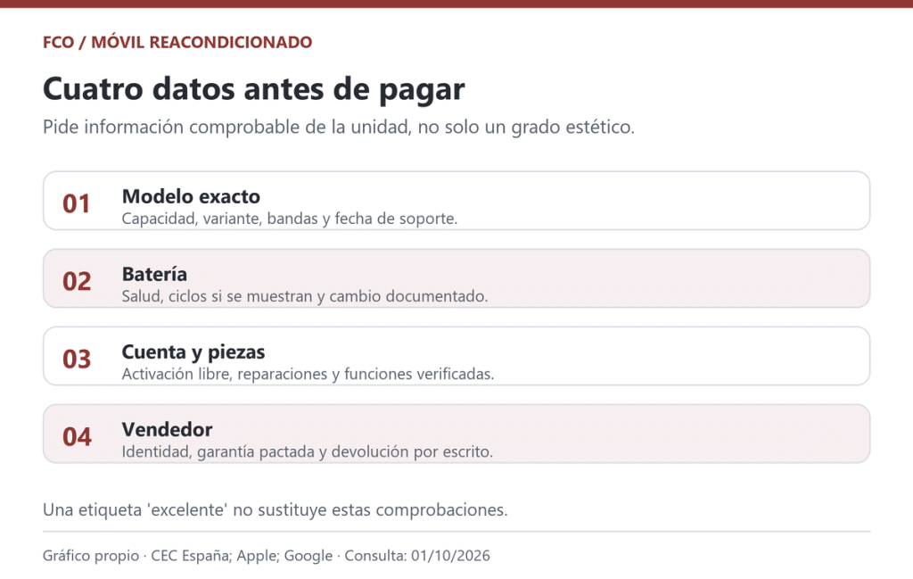 Gráfico propio: modelo exacto, batería, cuenta y piezas, y condiciones del vendedor. Basado en orientaciones oficiales consultadas el 1 de octubre de 2026.