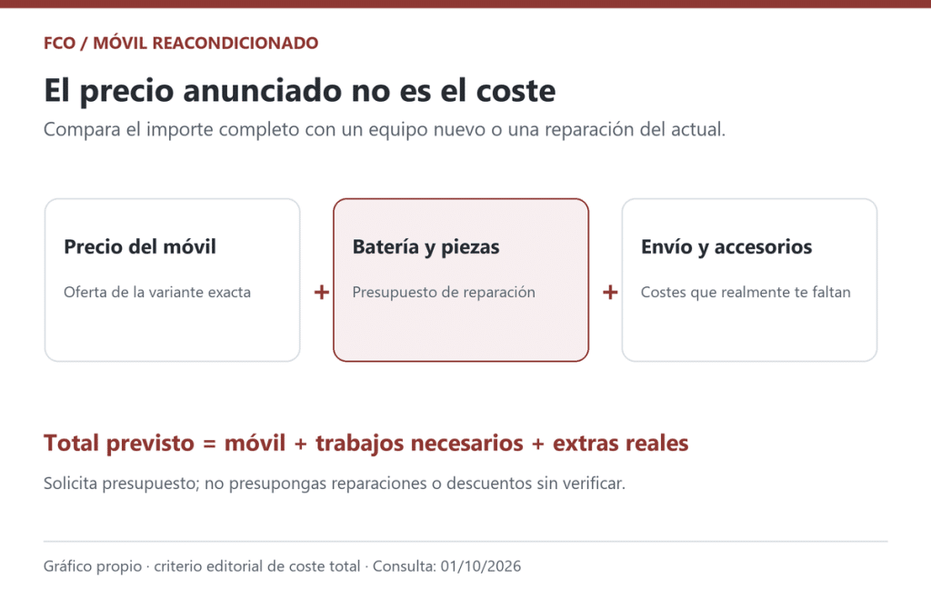 Gráfico propio del coste previsto: teléfono, trabajos necesarios y extras reales; no contiene precios de mercado ni descuentos supuestos.